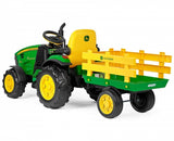Das Elektrofahrzeug Peg Perego John Deere RC Tractor aus unserem Babyfachmarkt, Rückansicht, gelb und grün, 12V
