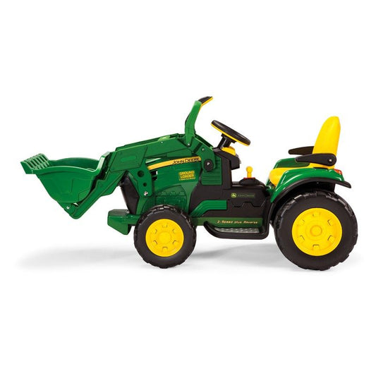 Das Elektrofahrzeug Peg Perego John Deere Gator Ground Loader aus unserem Babyfachmarkt, Seitenansicht, gelb und grün, 12V