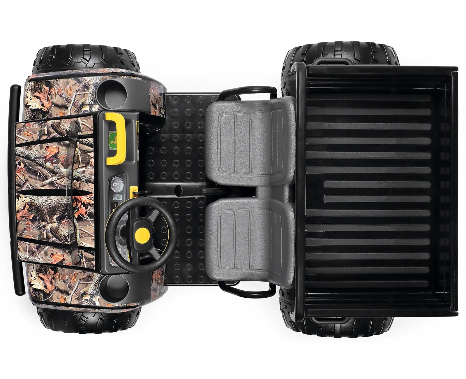 Das Elektrofahrzeug Peg Perego John Deere Gator HPX Camo aus unserem Babyfachmarkt, Draufsicht, braun und schwarz, 12V