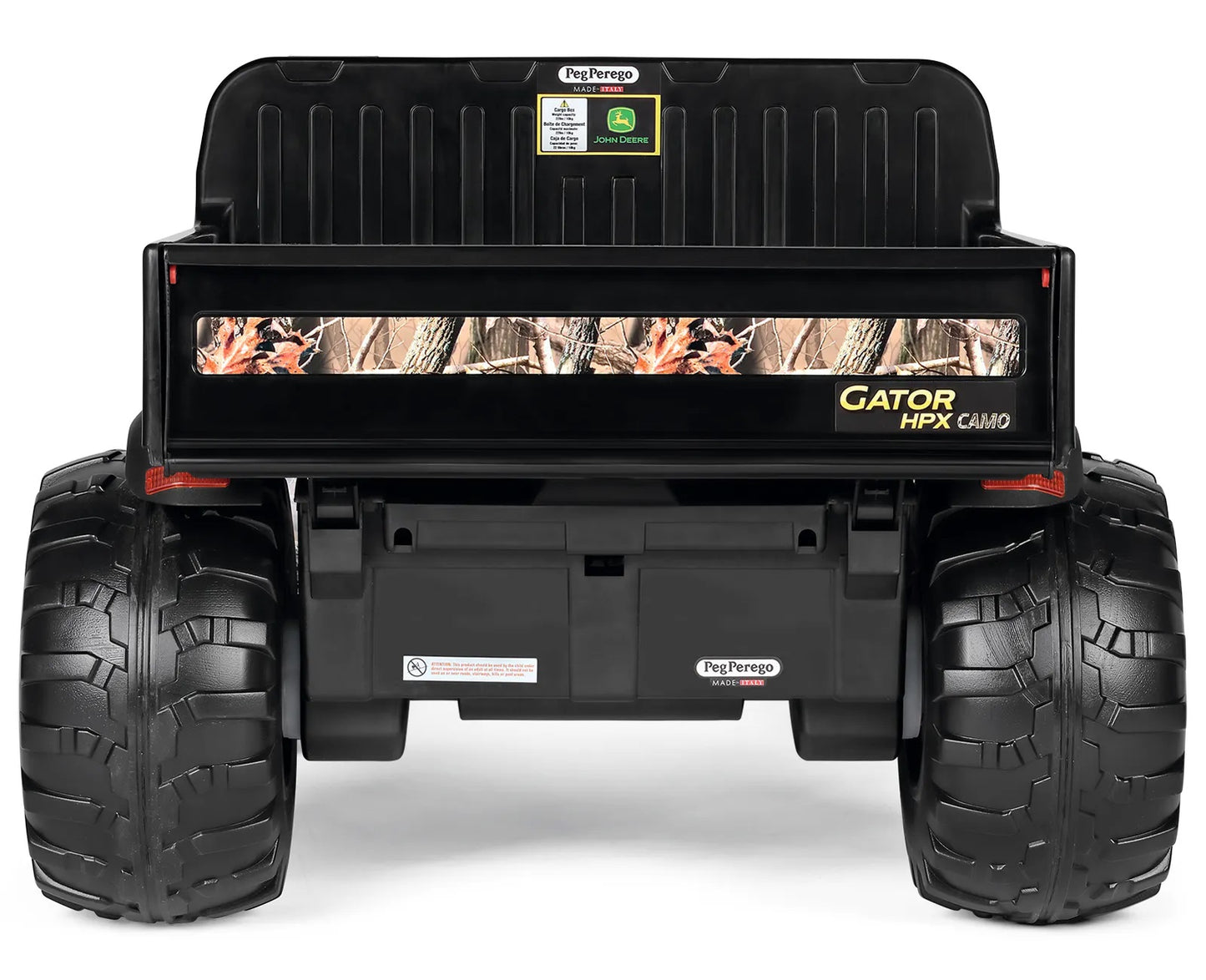 Das Elektrofahrzeug Peg Perego John Deere Gator HPX Camo aus unserem Babyfachmarkt, Rückansicht frontal, braun und schwarz, 12V
