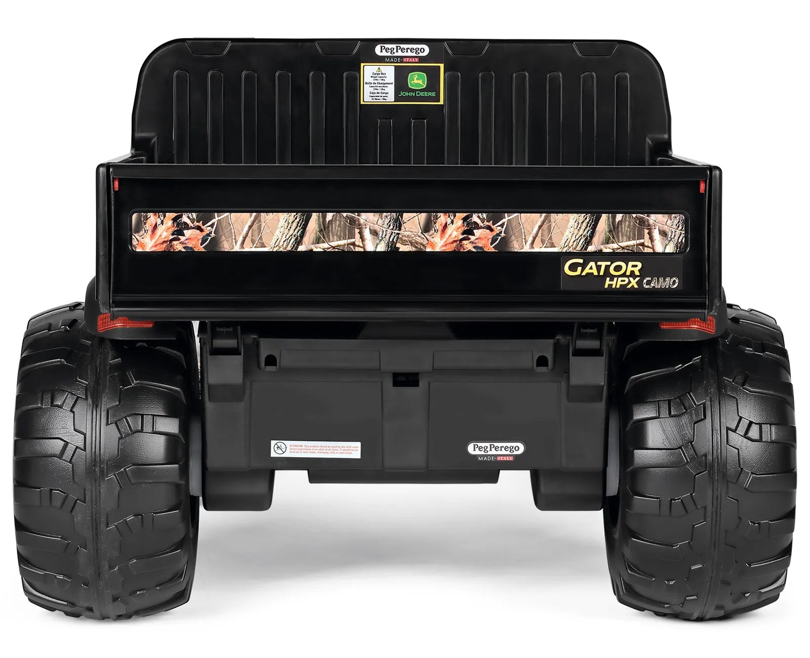 Das Elektrofahrzeug Peg Perego John Deere Gator HPX Camo aus unserem Babyfachmarkt, Rückansicht frontal, braun und schwarz, 12V