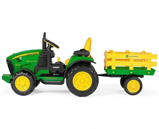 Das Elektrofahrzeug Peg Perego John Deere RC Tractor aus unserem Babyfachmarkt, Seitenansicht, gelb und grün, 12V
