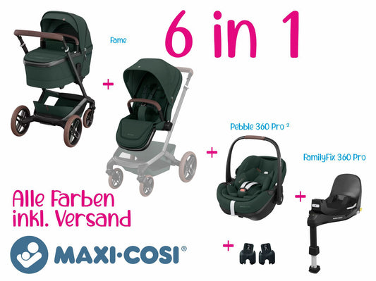 Maxi-Cosi Set 6 in 1 Bundle | Fame + Buggysitz + Pebble 360 Pro2 + FamilyFix 360 Pro +  Adapter