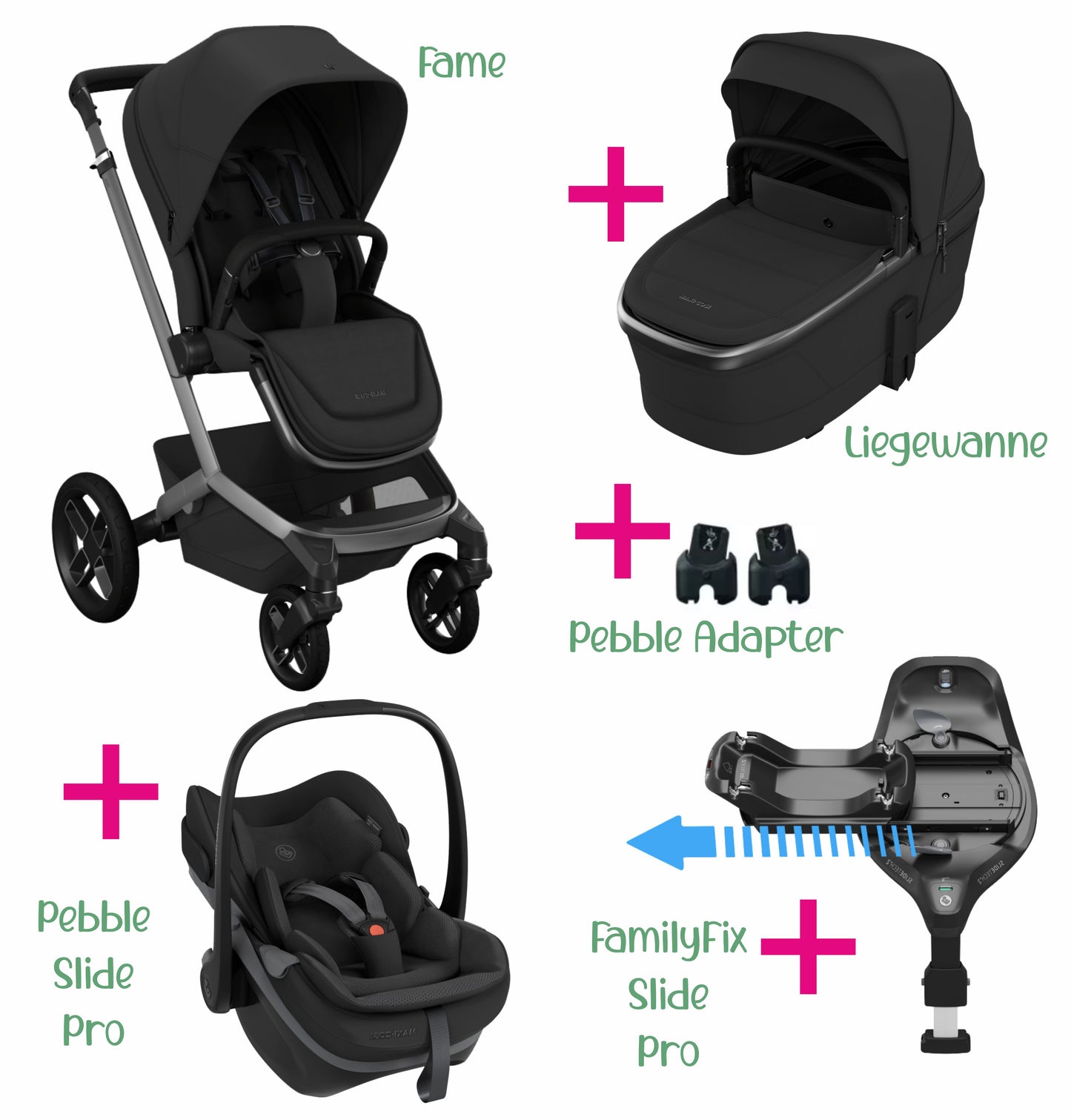 Maxi-Cosi Set 6 in 1 Bundle | Fame + Buggysitz + Pebble Slide Pro + FamilyFix Slide Pro + Adapter
