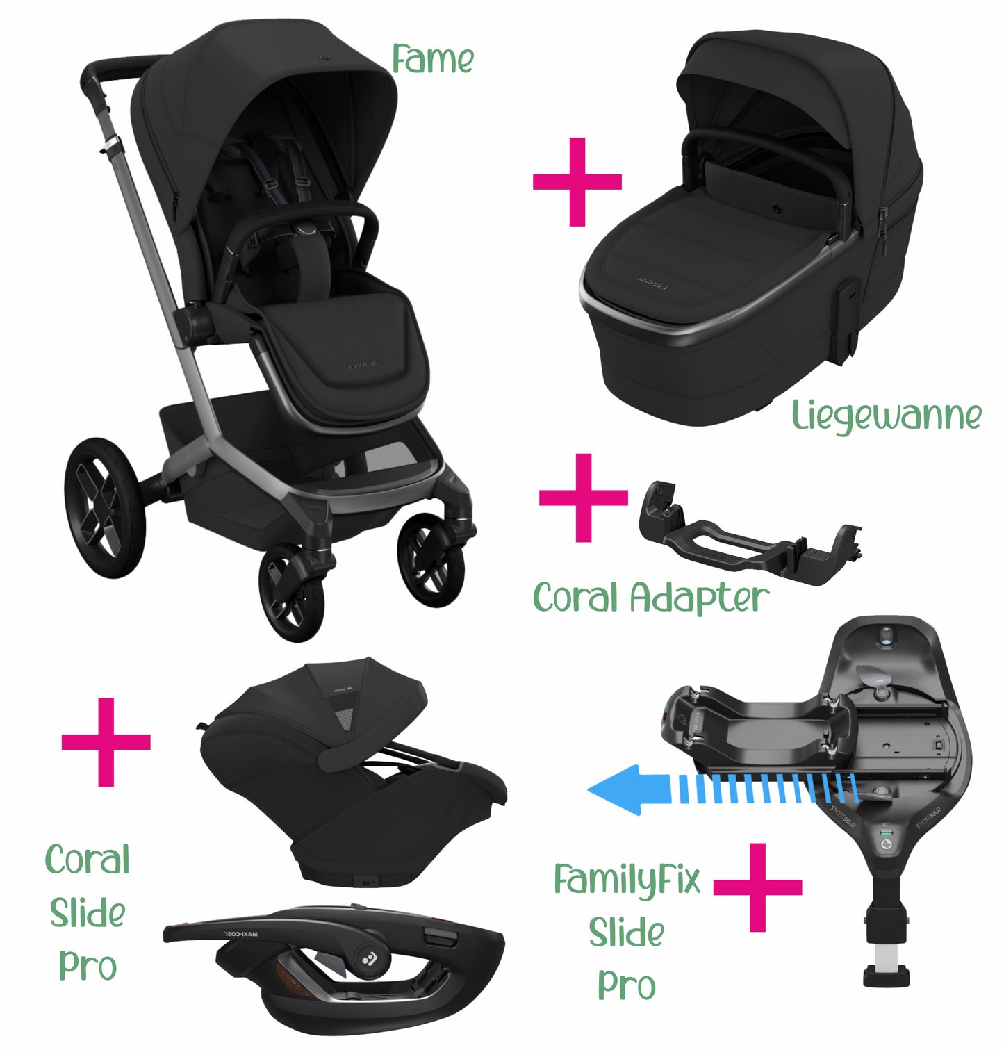 Maxi-Cosi Set 6 in 1 Bundle | Fame + Buggysitz + Coral Slide Pro + FamilyFix Slide Pro + Adapter