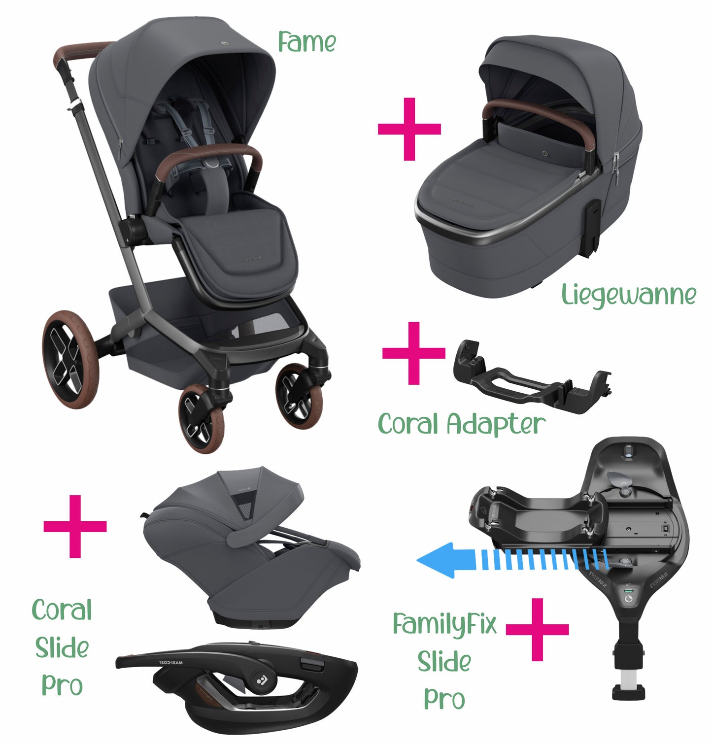 Maxi-Cosi Set 6 in 1 Bundle | Fame + Buggysitz + Coral Slide Pro + FamilyFix Slide Pro + Adapter