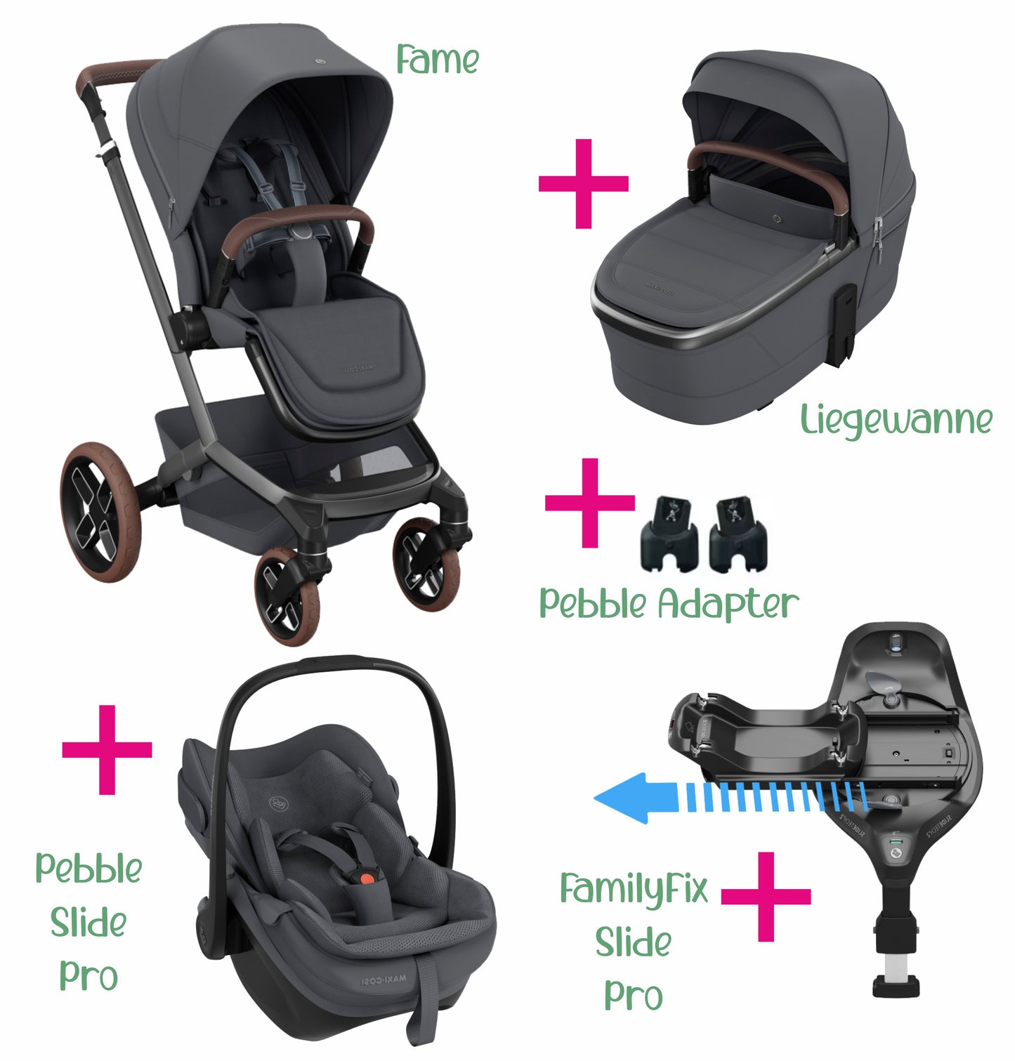 Maxi-Cosi Set 6 in 1 Bundle | Fame + Buggysitz + Pebble Slide Pro + FamilyFix Slide Pro + Adapter