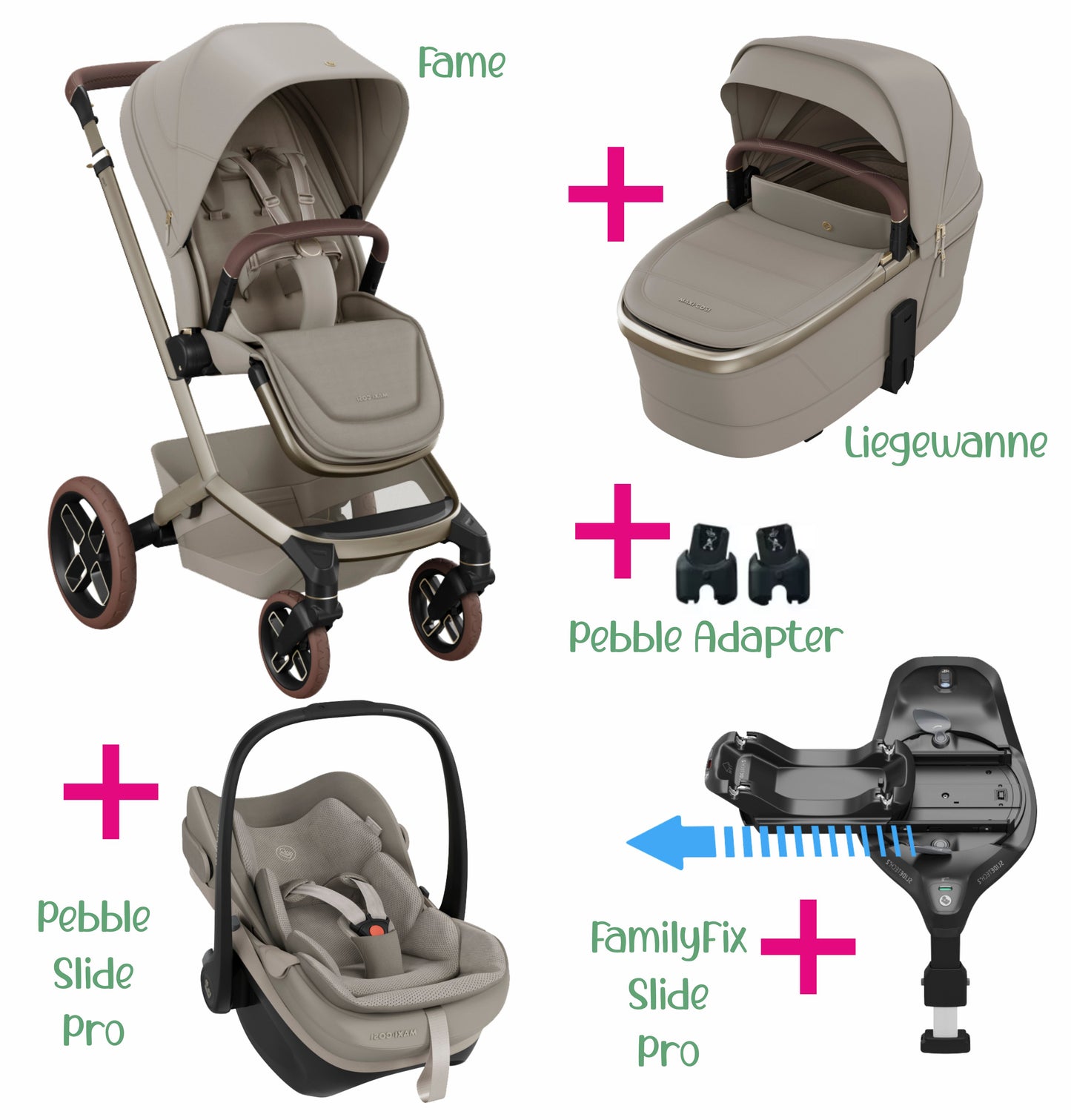 Maxi-Cosi Set 6 in 1 Bundle | Fame + Buggysitz + Pebble Slide Pro + FamilyFix Slide Pro + Adapter