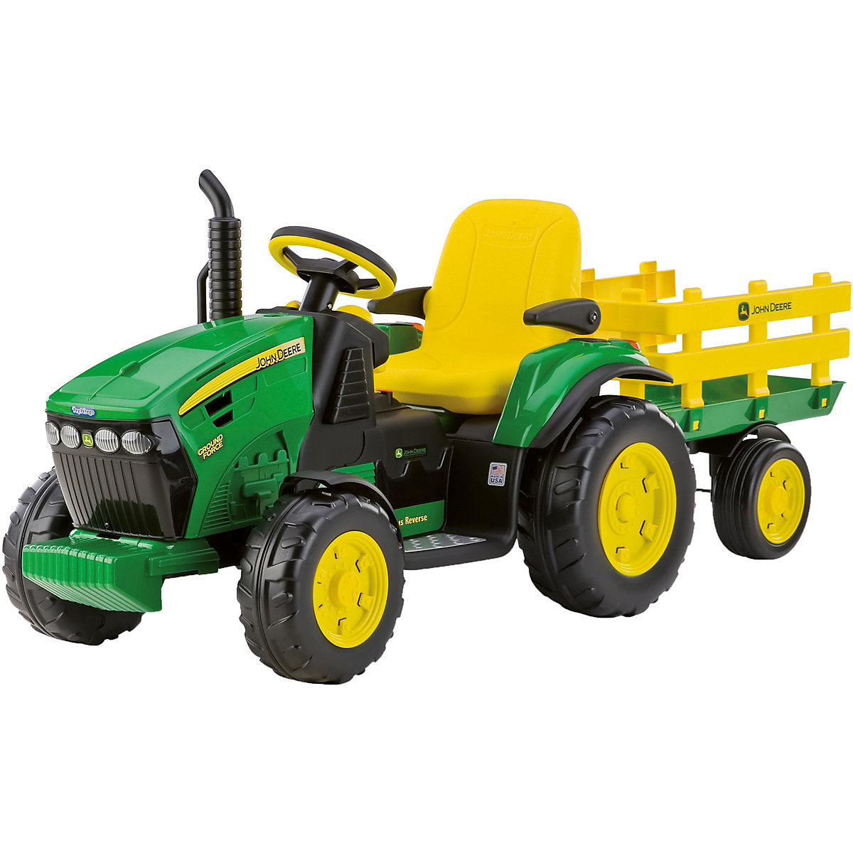 Das Elektrofahrzeug Peg Perego John Deere Ground Force aus unserem Babyfachmarkt, Frontansicht, gelb und grün, 12V