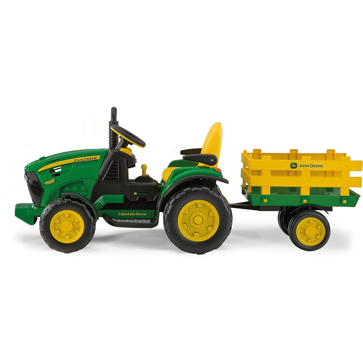 Das Elektrofahrzeug Peg Perego John Deere Ground Force aus unserem Babyfachmarkt, Seitenansicht, gelb und grün, 12V