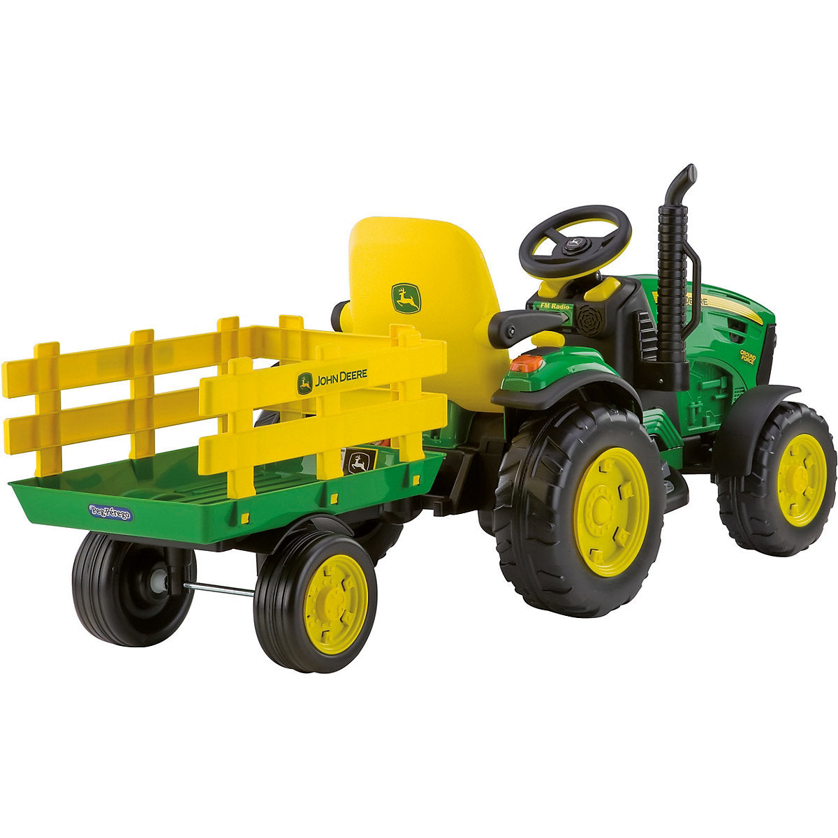 Das Elektrofahrzeug Peg Perego John Deere Ground Force aus unserem Babyfachmarkt, Rückansicht, gelb und grün, 12V 