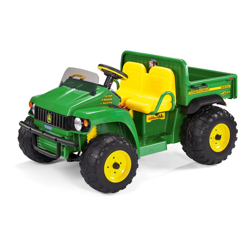 Das Elektrofahrzeug Peg Perego John Deere Gator HPX aus unserem Babyfachmarkt, Frontansicht, gelb und grün, 12V