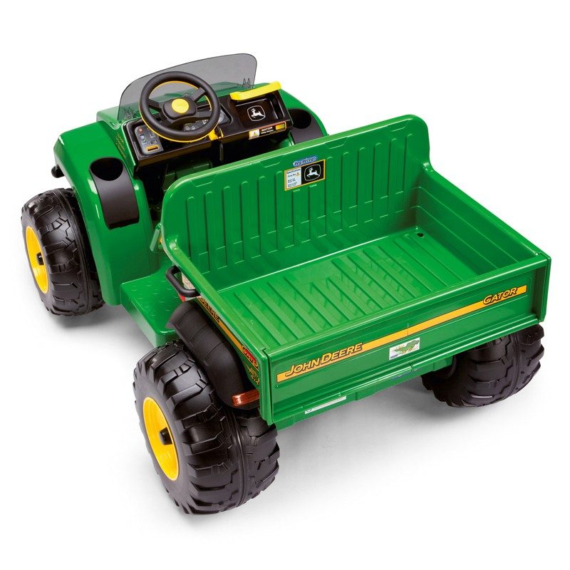 Das Elektrofahrzeug Peg Perego John Deere Gator HPX aus unserem Babyfachmarkt, Rückansicht, gelb und grün, 12V