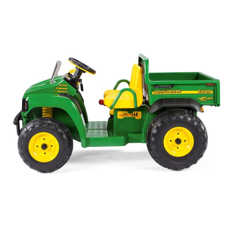 Das Elektrofahrzeug Peg Perego John Deere Gator HPX aus unserem Babyfachmarkt, Seitenansicht, gelb und grün, 12V