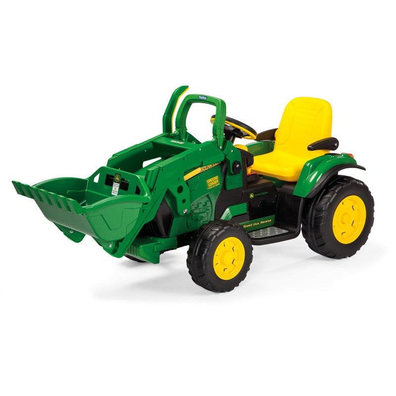Das Elektrofahrzeug Peg Perego John Deere Gator Ground Loader aus unserem Babyfachmarkt, Frontansicht, gelb und grün, 12V
