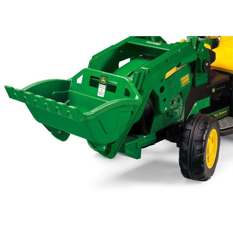 Das Elektrofahrzeug Peg Perego John Deere Gator Ground Loader aus unserem Babyfachmarkt, Detailansicht Frontlader, gelb und grün, 12V