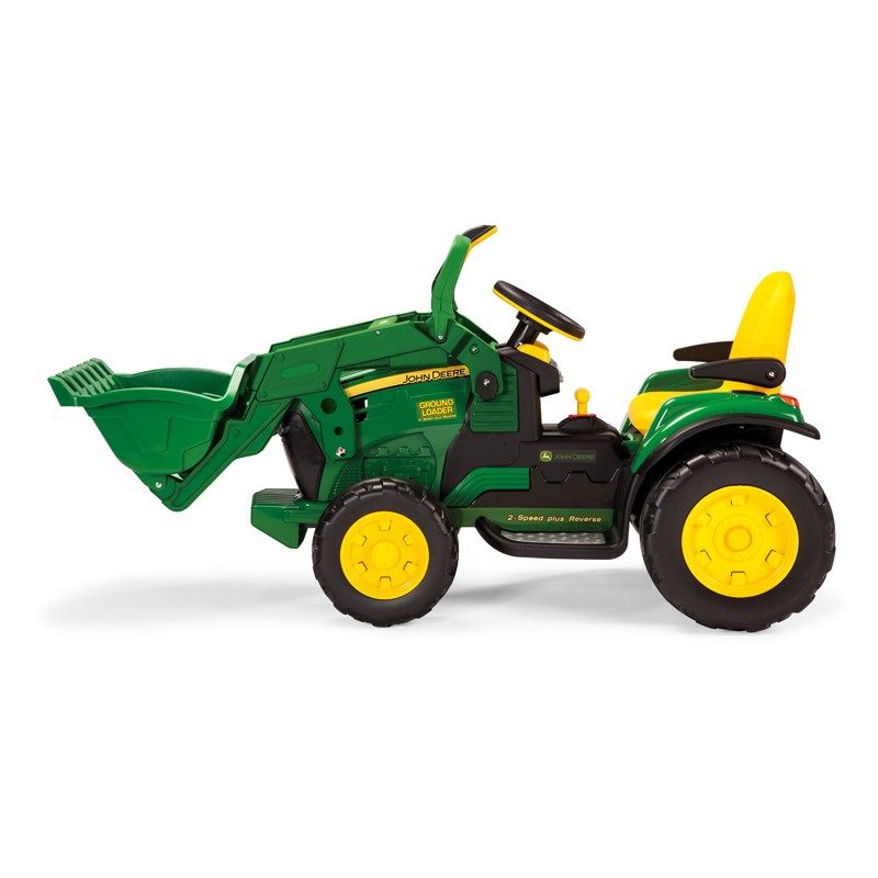 Das Elektrofahrzeug Peg Perego John Deere Gator Ground Loader aus unserem Babyfachmarkt, Seitenansicht, gelb und grün, 12V